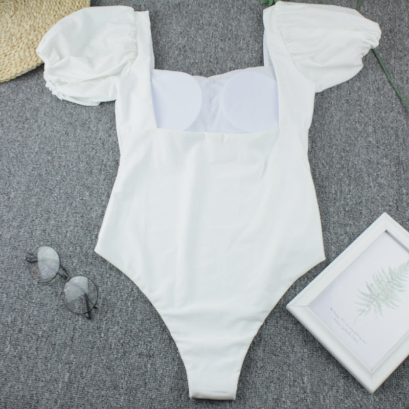 Sexy Bikini New 2 Piece Women Swimsuit Solid Color Short Puff Sleeve Summer High Waist Cut Backless Bathing Suit Beachwear