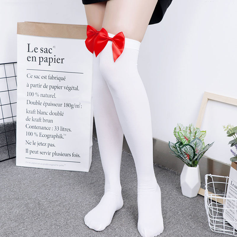 Women Sexy Thigh-High Bow Stockings Cosplay Gift Long  Japanese Style Soft Breathable Black White Stocking