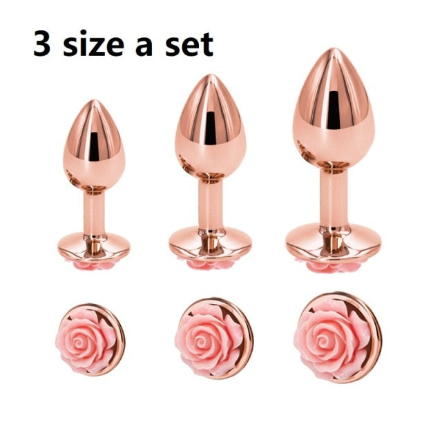 Small Medium large set Crystal Heart round rose gold flower Metal anal beads butt plug Jewelry insert sex toy for female male
