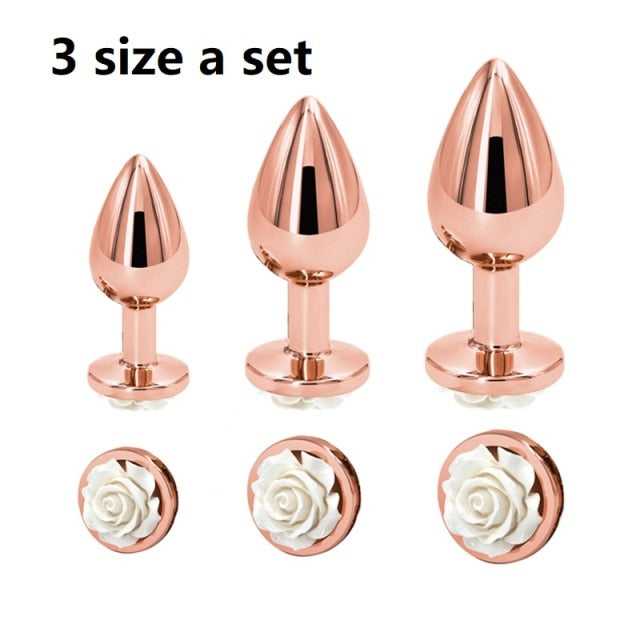 Small Medium large set Crystal Heart round rose gold flower Metal anal beads butt plug Jewelry insert sex toy for female male
