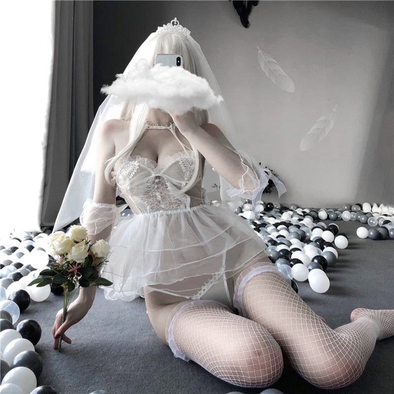 Sexy Bride Cosplay Outfit For Women Japanese AV Actress Costumes Cute Anime See Through Lingerie With Veil Erotic Wedding  Set
