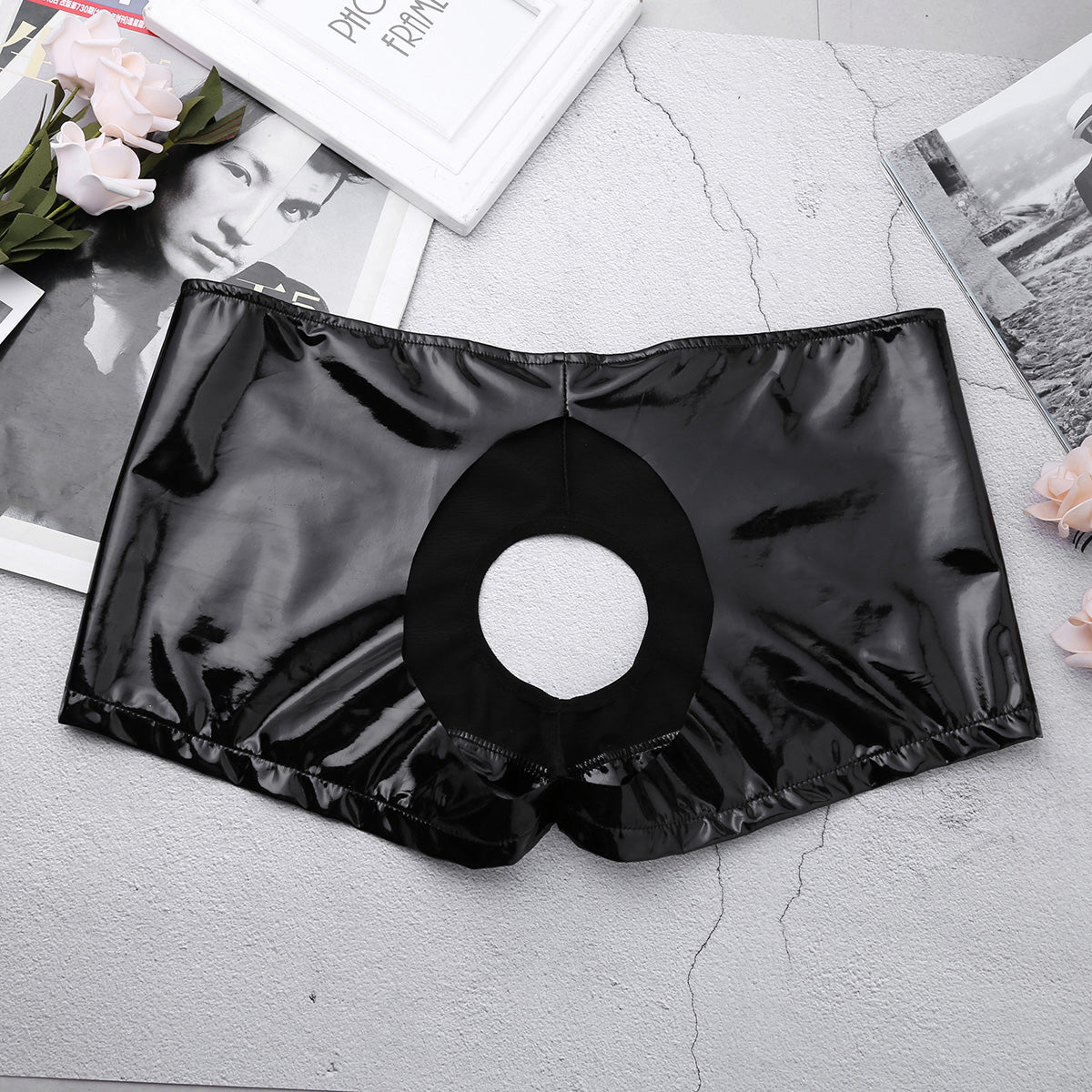 Mens Lingerie Latex Hole Panties Gay Underpants Patent Leather Boxer Shorts Sissy Sexy Panties Crotchless Erotic Underwear