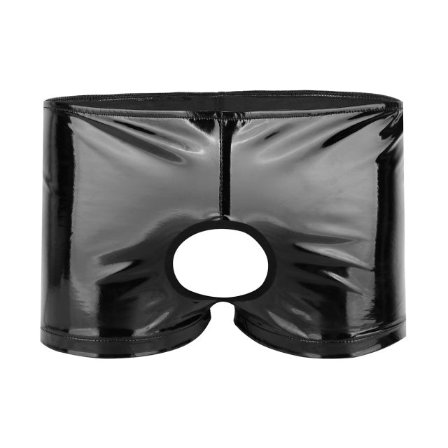 Mens Lingerie Latex Hole Panties Gay Underpants Patent Leather Boxer Shorts Sissy Sexy Panties Crotchless Erotic Underwear