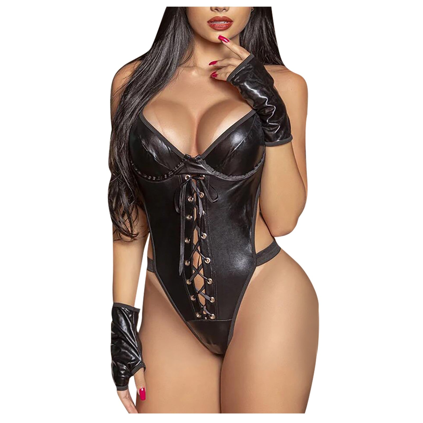 Sexy Leather Lingerie Erotic V-neck Strap Teddies Plus Size Women Underwear Cross Bandage Sex Corsets Backless Exotic Costumes