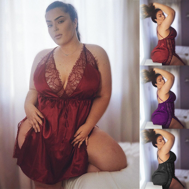All Seasons High Quality Sexy Women Sleeveless Nightdress V-Neck Hollow Lace Backless Lingerie L-5XL