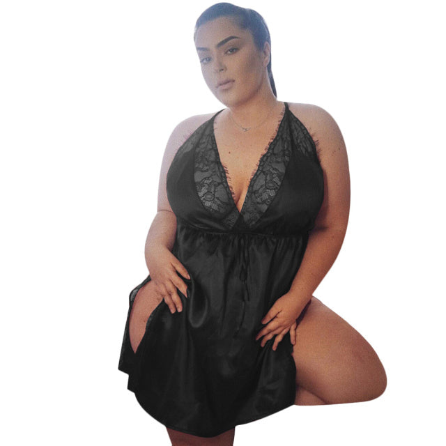 All Seasons High Quality Sexy Women Sleeveless Nightdress V-Neck Hollow Lace Backless Lingerie L-5XL