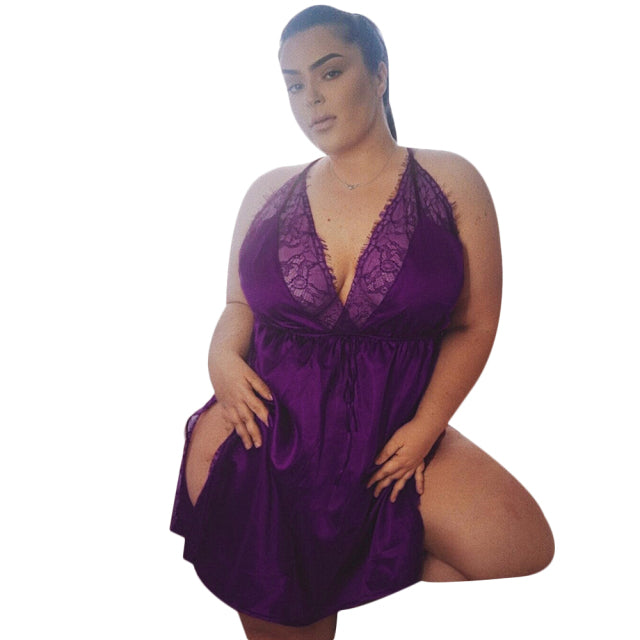 All Seasons High Quality Sexy Women Sleeveless Nightdress V-Neck Hollow Lace Backless Lingerie L-5XL