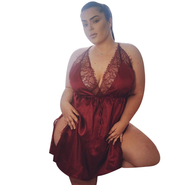 All Seasons High Quality Sexy Women Sleeveless Nightdress V-Neck Hollow Lace Backless Lingerie L-5XL