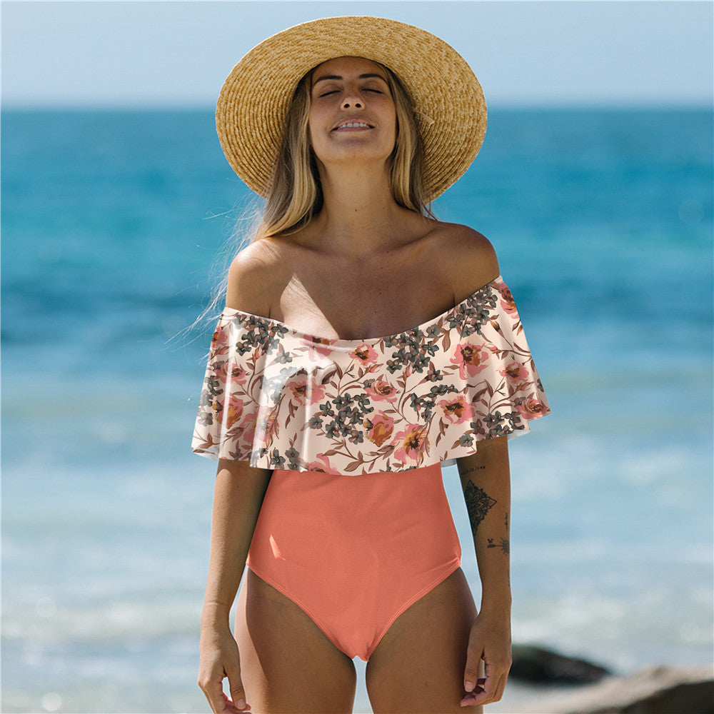 One Piece Swimsuit Swimwear Women Print Ruffle Swimsuit Bodysuit Monokini Female Padded Bathing Suits Beach Wear Summer