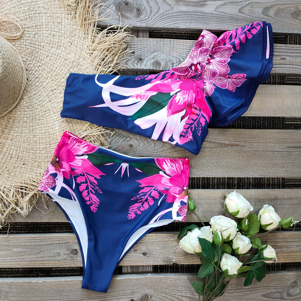 One Shoulder Swimsuit Print Bikinis Brazilian Bikini Set High Waist Swimming Suits Bathing Suit Summer Beachwear