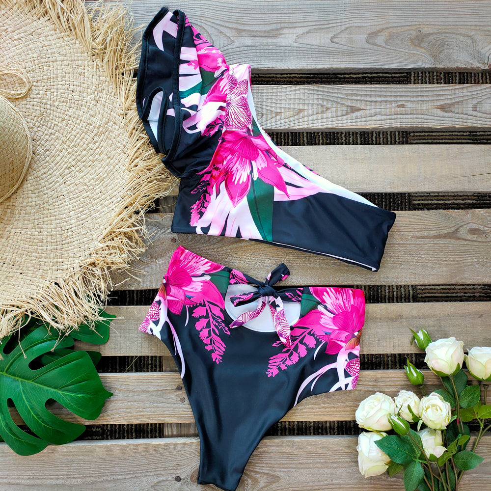 One Shoulder Swimsuit Print Bikinis Brazilian Bikini Set High Waist Swimming Suits Bathing Suit Summer Beachwear
