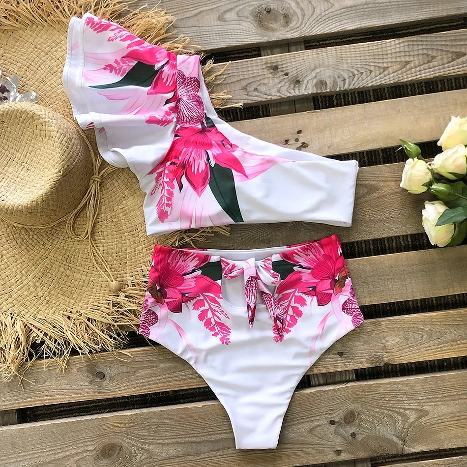 One Shoulder Swimsuit Print Bikinis Brazilian Bikini Set High Waist Swimming Suits Bathing Suit Summer Beachwear