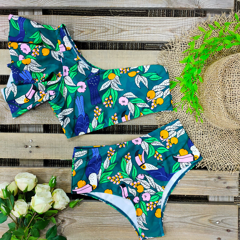 One Shoulder Swimsuit Print Bikinis Brazilian Bikini Set High Waist Swimming Suits Bathing Suit Summer Beachwear
