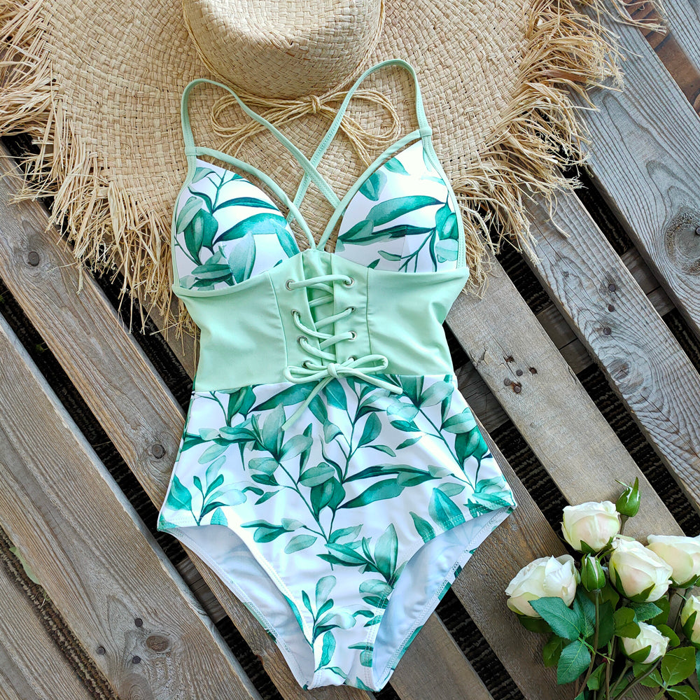 New Abdomen Control Wasit Push Up Swimsuit Print Swimwear Vintage Retro Bathing Suits Bodysuit Beach Wear Backless