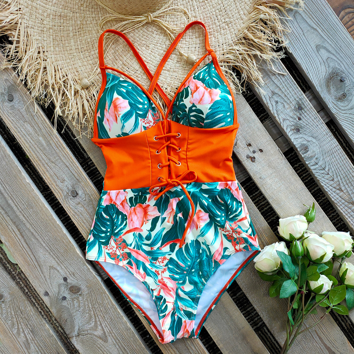 New Abdomen Control Wasit Push Up Swimsuit Print Swimwear Vintage Retro Bathing Suits Bodysuit Beach Wear Backless