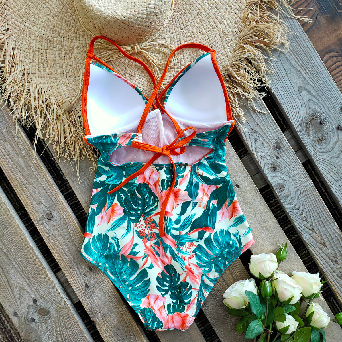 New Abdomen Control Wasit Push Up Swimsuit Print Swimwear Vintage Retro Bathing Suits Bodysuit Beach Wear Backless