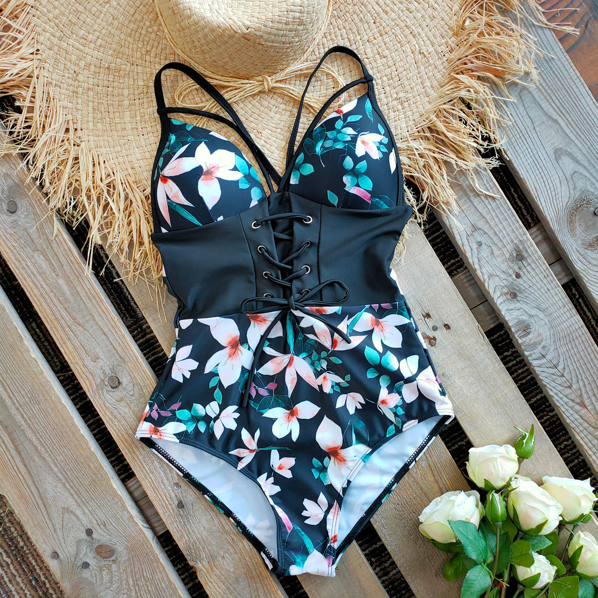 New Abdomen Control Wasit Push Up Swimsuit Print Swimwear Vintage Retro Bathing Suits Bodysuit Beach Wear Backless