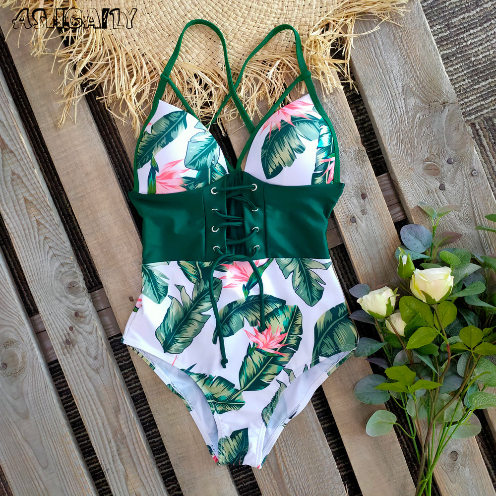 New Abdomen Control Wasit Push Up Swimsuit Print Swimwear Vintage Retro Bathing Suits Bodysuit Beach Wear Backless
