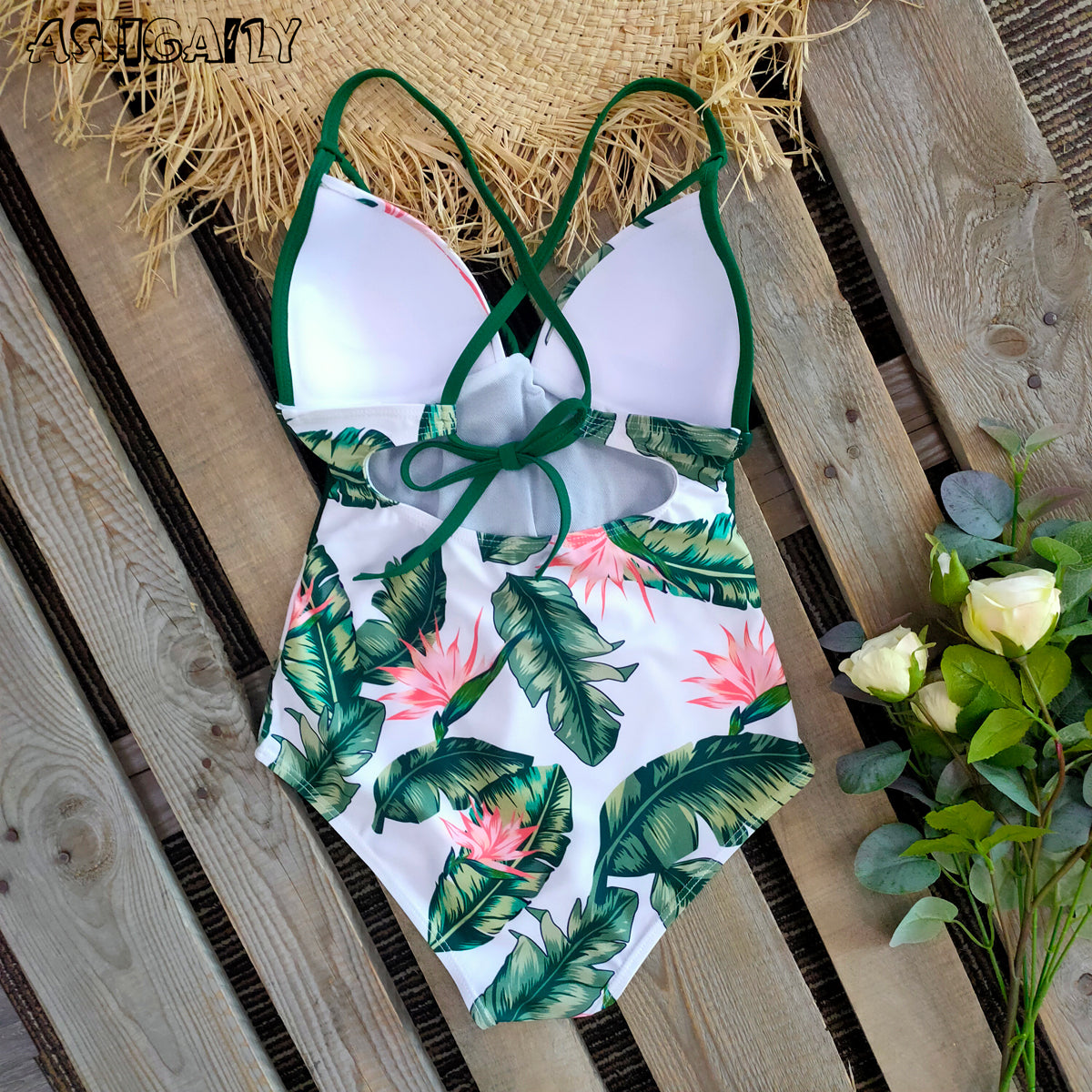 New Abdomen Control Wasit Push Up Swimsuit Print Swimwear Vintage Retro Bathing Suits Bodysuit Beach Wear Backless