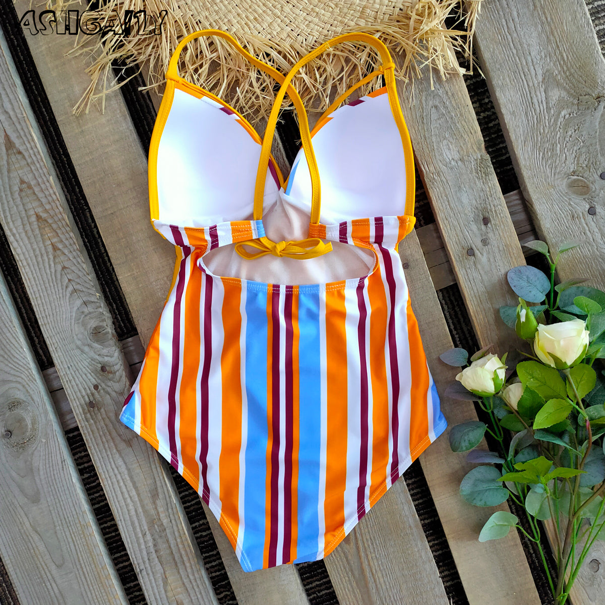 New Abdomen Control Wasit Push Up Swimsuit Print Swimwear Vintage Retro Bathing Suits Bodysuit Beach Wear Backless