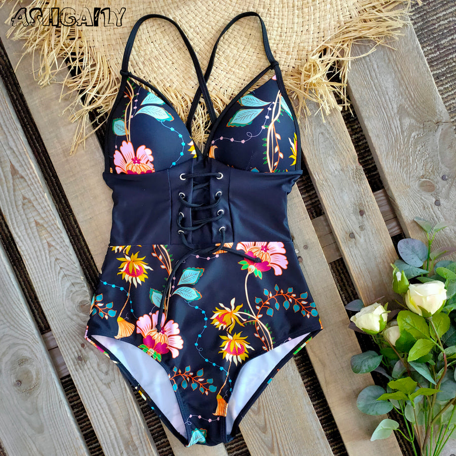New Abdomen Control Wasit Push Up Swimsuit Print Swimwear Vintage Retro Bathing Suits Bodysuit Beach Wear Backless