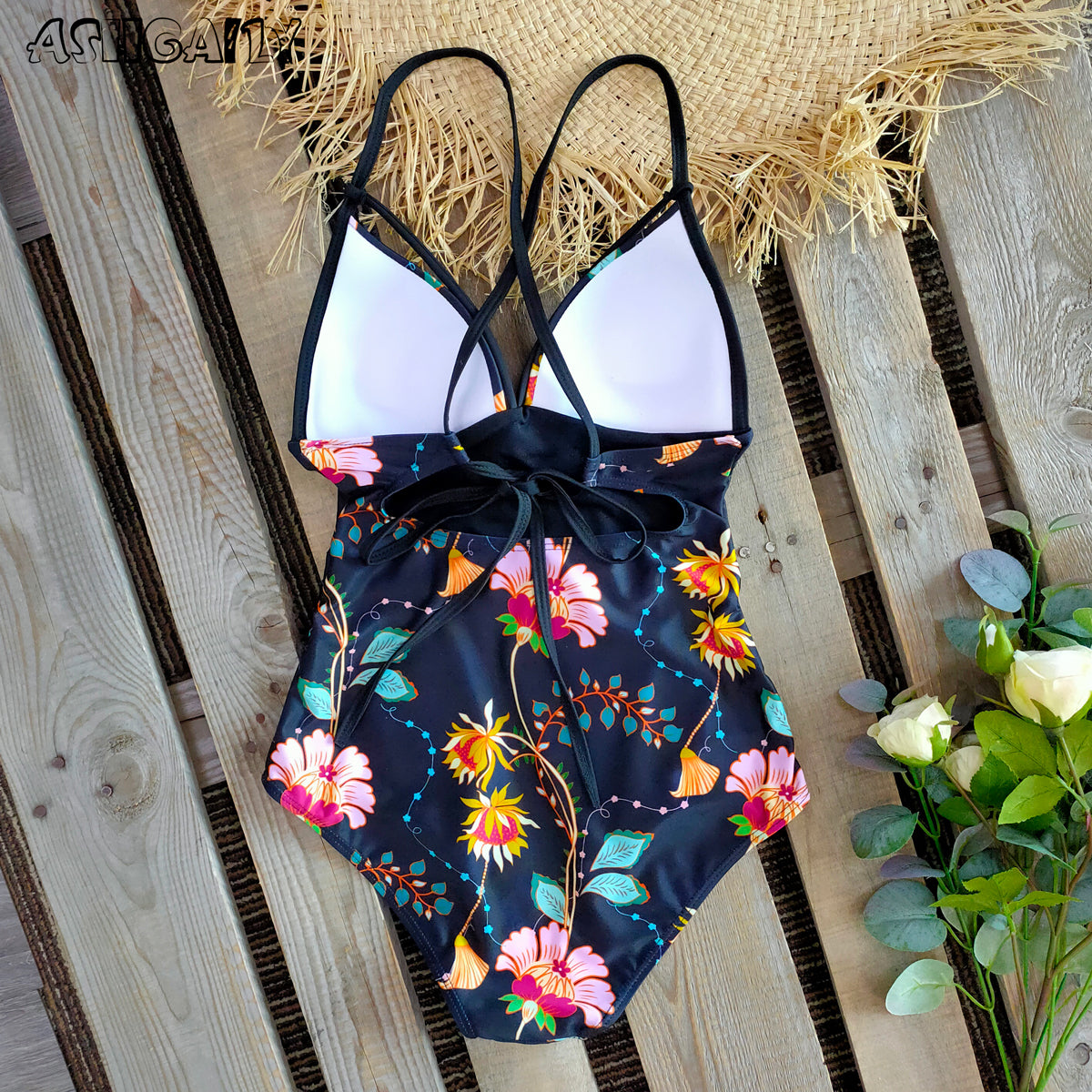 New Abdomen Control Wasit Push Up Swimsuit Print Swimwear Vintage Retro Bathing Suits Bodysuit Beach Wear Backless