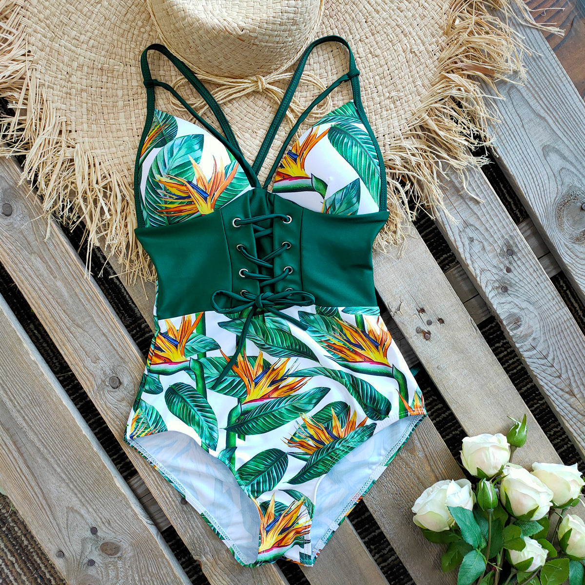 New Abdomen Control Wasit Push Up Swimsuit Print Swimwear Vintage Retro Bathing Suits Bodysuit Beach Wear Backless