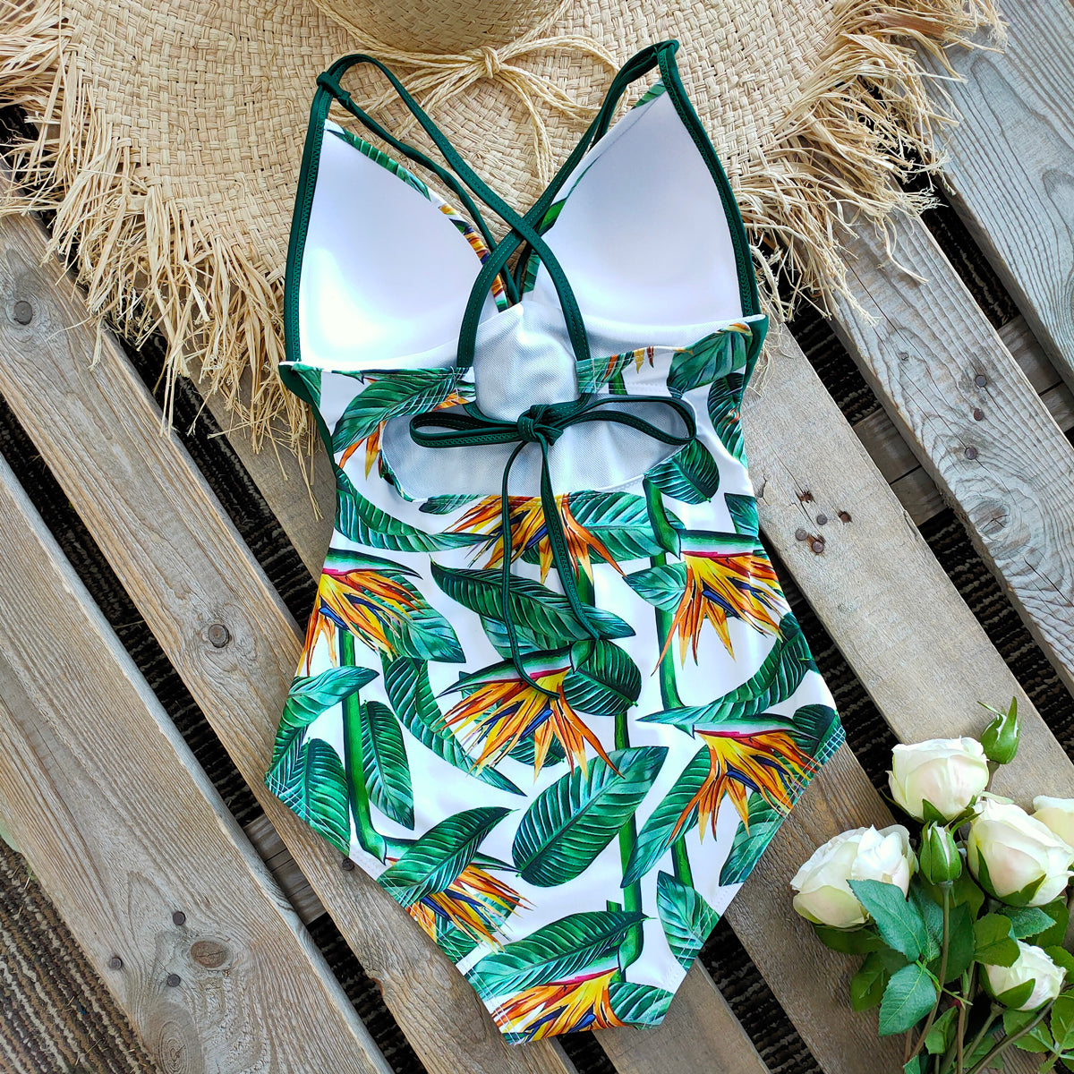 New Abdomen Control Wasit Push Up Swimsuit Print Swimwear Vintage Retro Bathing Suits Bodysuit Beach Wear Backless