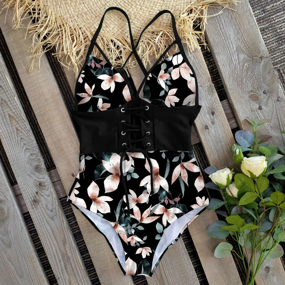 New Abdomen Control Wasit Push Up Swimsuit Print Swimwear Vintage Retro Bathing Suits Bodysuit Beach Wear Backless