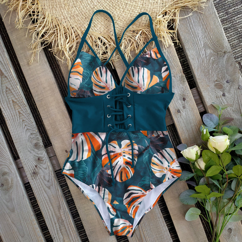 New Abdomen Control Wasit Push Up Swimsuit Print Swimwear Vintage Retro Bathing Suits Bodysuit Beach Wear Backless