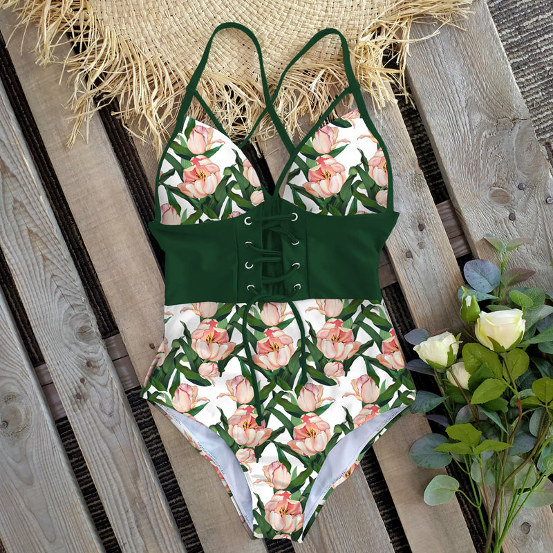 New Abdomen Control Wasit Push Up Swimsuit Print Swimwear Vintage Retro Bathing Suits Bodysuit Beach Wear Backless
