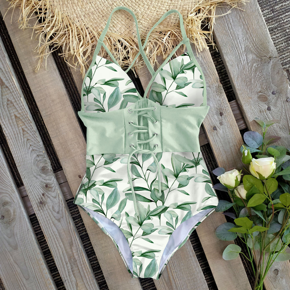 New Abdomen Control Wasit Push Up Swimsuit Print Swimwear Vintage Retro Bathing Suits Bodysuit Beach Wear Backless