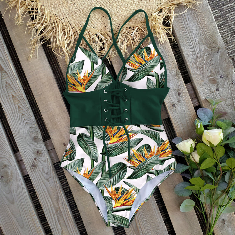 New Abdomen Control Wasit Push Up Swimsuit Print Swimwear Vintage Retro Bathing Suits Bodysuit Beach Wear Backless