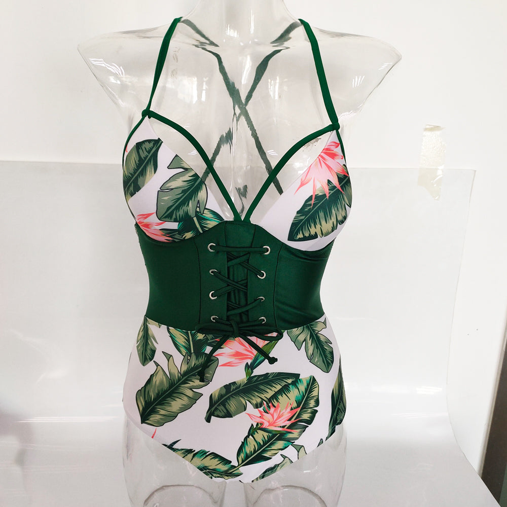 New Abdomen Control Wasit Push Up Swimsuit Print Swimwear Vintage Retro Bathing Suits Bodysuit Beach Wear Backless