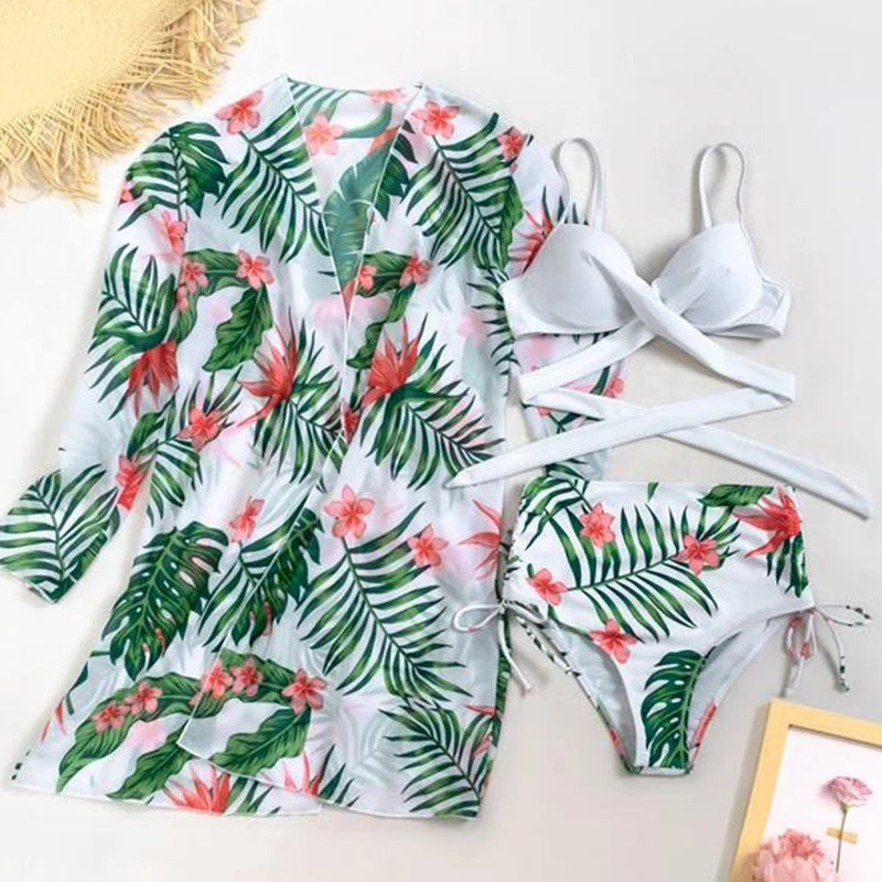 Sexy Bikinis And Cover Set Women Swimsuit Printed Swimwear High Waist Summer Strappy Bathing Suit Beach Wear Biquini Female