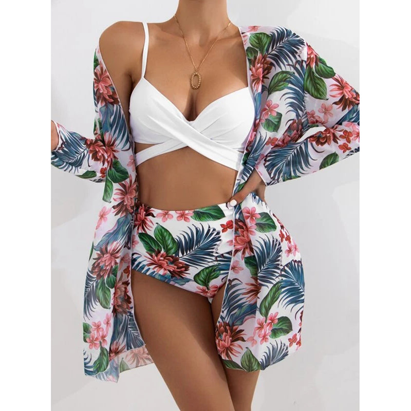 Sexy Bikinis And Cover Set Women Swimsuit Printed Swimwear High Waist Summer Strappy Bathing Suit Beach Wear Biquini Female