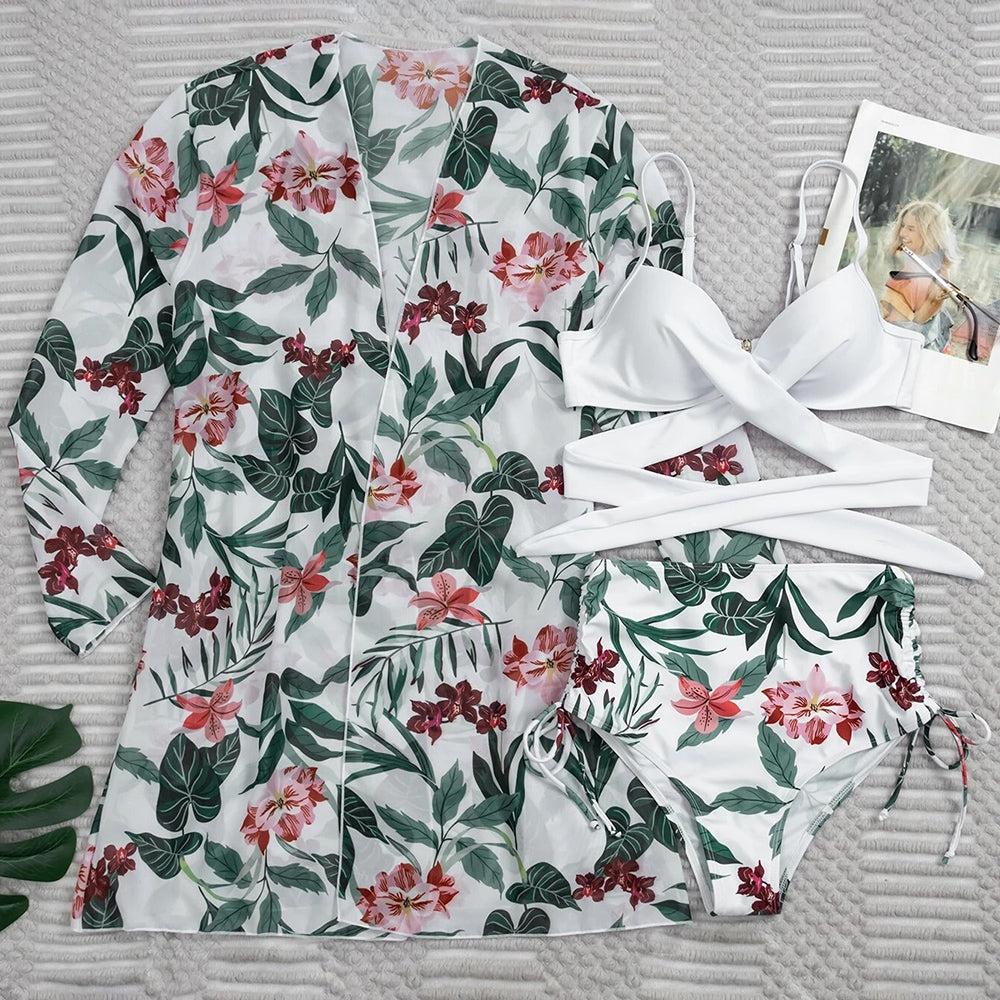 Sexy Bikinis And Cover Set Women Swimsuit Printed Swimwear High Waist Summer Strappy Bathing Suit Beach Wear Biquini Female