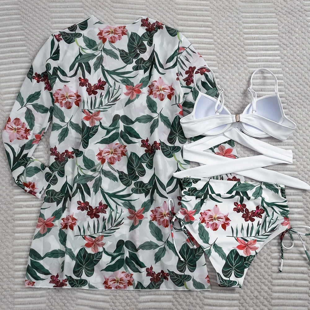 Sexy Bikinis And Cover Set Women Swimsuit Printed Swimwear High Waist Summer Strappy Bathing Suit Beach Wear Biquini Female