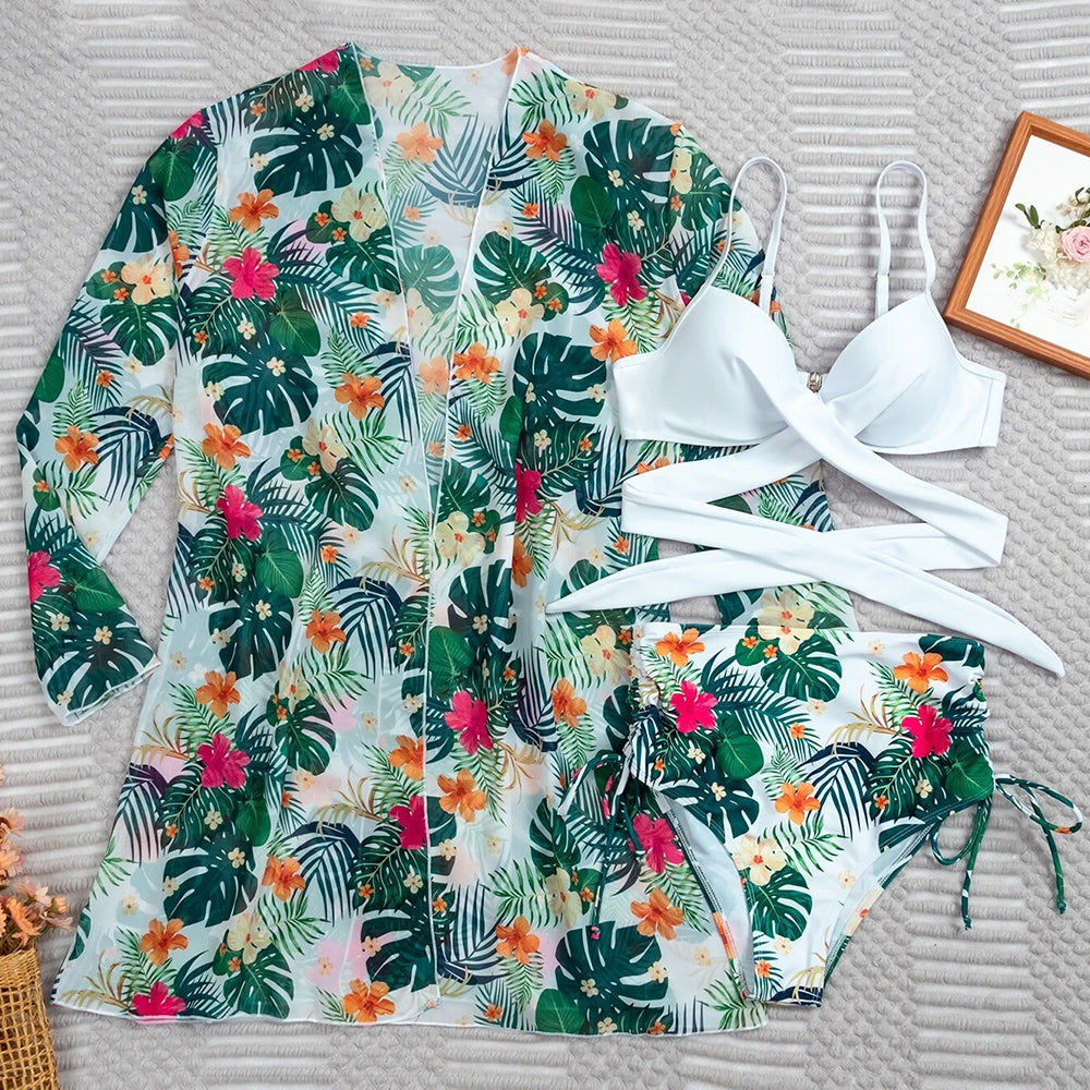 Sexy Bikinis And Cover Set Women Swimsuit Printed Swimwear High Waist Summer Strappy Bathing Suit Beach Wear Biquini Female