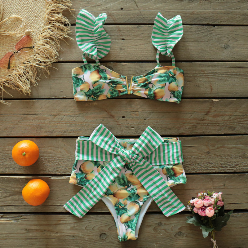 Two-Pieces Women Floral Push-Up Padded Bra Ruffles Bandage Bikini Set Swimsuit Swimwear Bathing Suit Beachwear Biquini