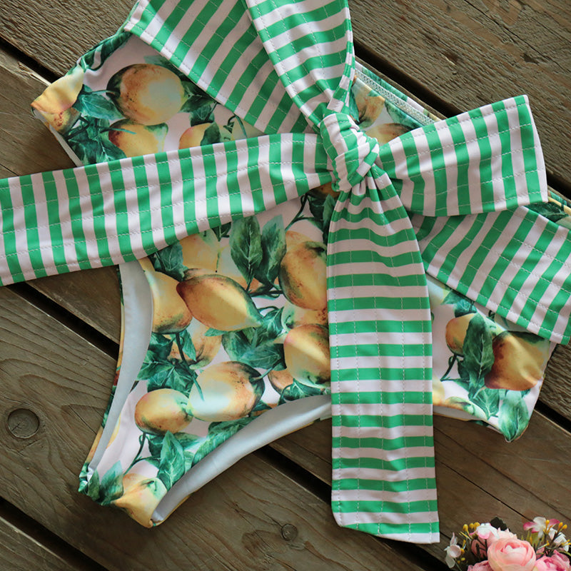 Two-Pieces Women Floral Push-Up Padded Bra Ruffles Bandage Bikini Set Swimsuit Swimwear Bathing Suit Beachwear Biquini