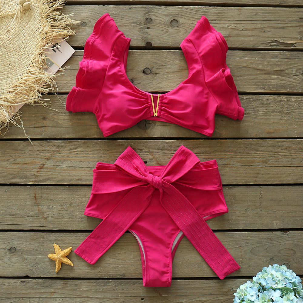 Two-Pieces Women Floral Push-Up Padded Bra Ruffles Bandage Bikini Set Swimsuit Swimwear Bathing Suit Beachwear Biquini