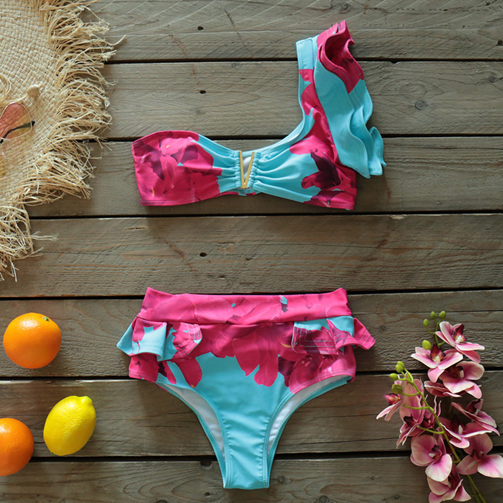 Two-Pieces Women Floral Push-Up Padded Bra Ruffles Bandage Bikini Set Swimsuit Swimwear Bathing Suit Beachwear Biquini