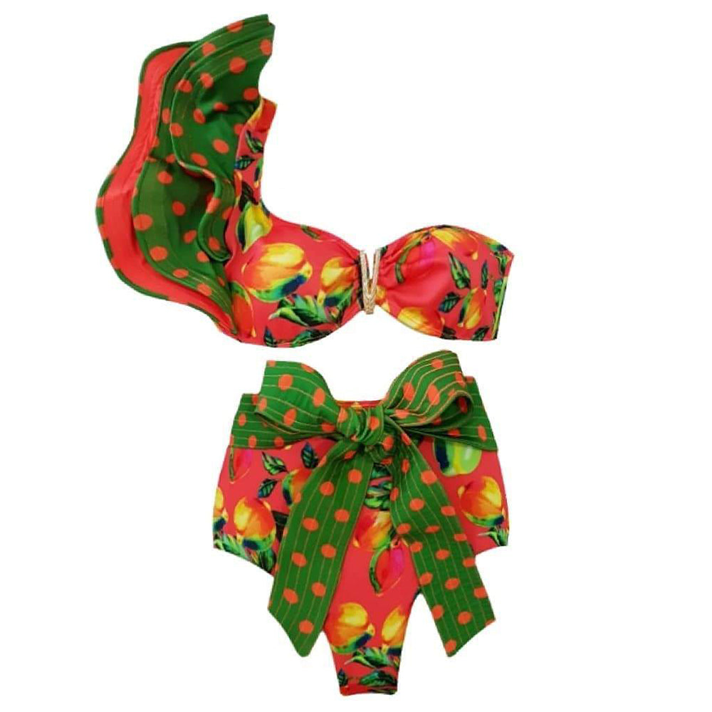 Two-Pieces Women Floral Push-Up Padded Bra Ruffles Bandage Bikini Set Swimsuit Swimwear Bathing Suit Beachwear Biquini