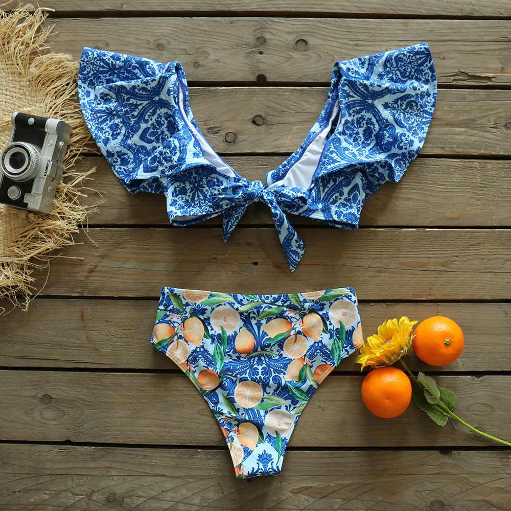 Two-Pieces Women Floral Push-Up Padded Bra Ruffles Bandage Bikini Set Swimsuit Swimwear Bathing Suit Beachwear Biquini