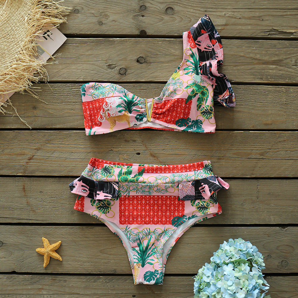 Two-Pieces Women Floral Push-Up Padded Bra Ruffles Bandage Bikini Set Swimsuit Swimwear Bathing Suit Beachwear Biquini