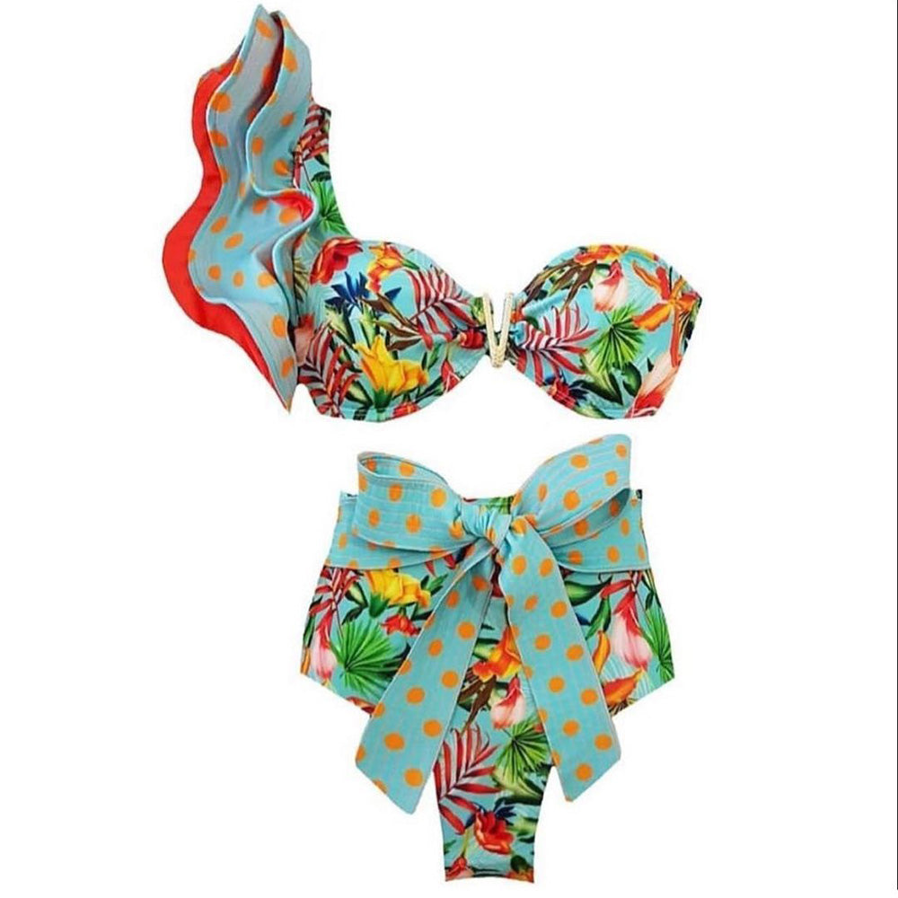 Two-Pieces Women Floral Push-Up Padded Bra Ruffles Bandage Bikini Set Swimsuit Swimwear Bathing Suit Beachwear Biquini