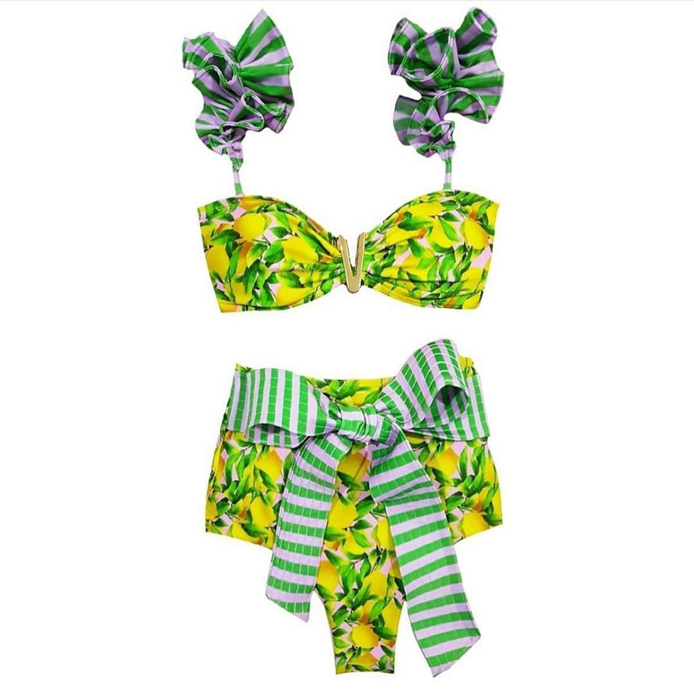 Two-Pieces Women Floral Push-Up Padded Bra Ruffles Bandage Bikini Set Swimsuit Swimwear Bathing Suit Beachwear Biquini