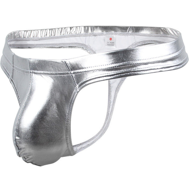 Pinky Senson Mens Faux Leather Underwear Sexy Bright Briefs Underpants Bulge Pouch Club Panties Gold Silver Shorts