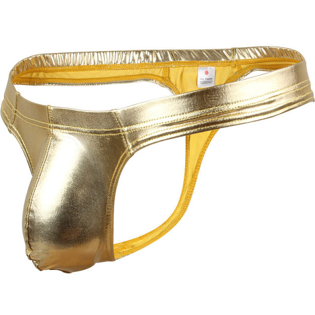 Pinky Senson Mens Faux Leather Underwear Sexy Bright Briefs Underpants Bulge Pouch Club Panties Gold Silver Shorts